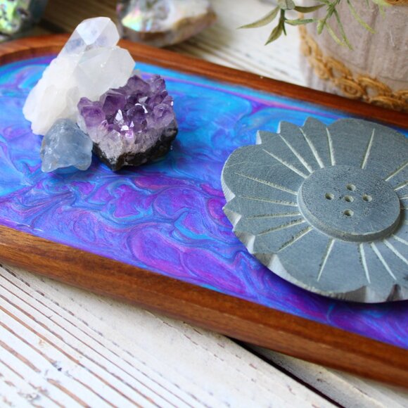 Incense Holder Tray Goddess with Amethyst, Clear Quartz and Blue Celeste Crystal - Picture 5 of 5